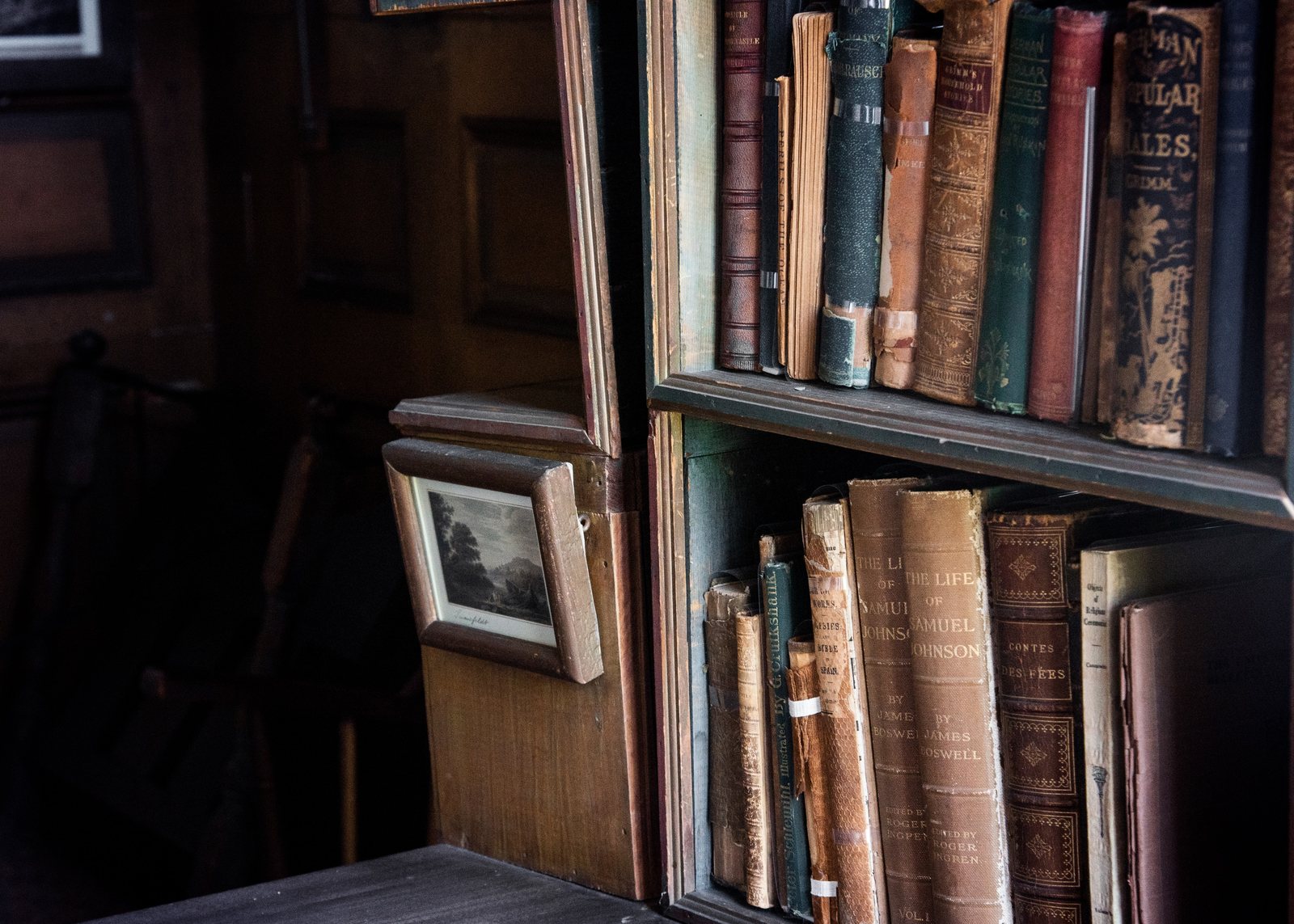 Antique bookcase filled with leather-bound books